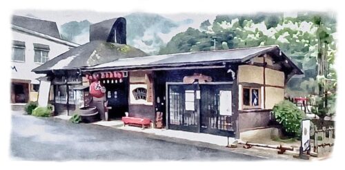 Free waterclor illustration: Thatched roof Japanese cuisine restaurant in Tsuwano, Shimane