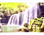 【無料AI水彩スケッチ】「涼をもとめて」熊本県小国町鍋ヶ滝