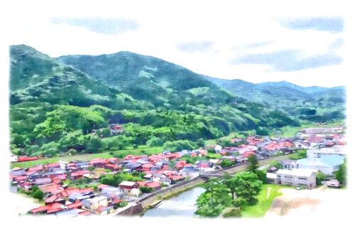 Free watercolor image: Tsuwano River in early summer